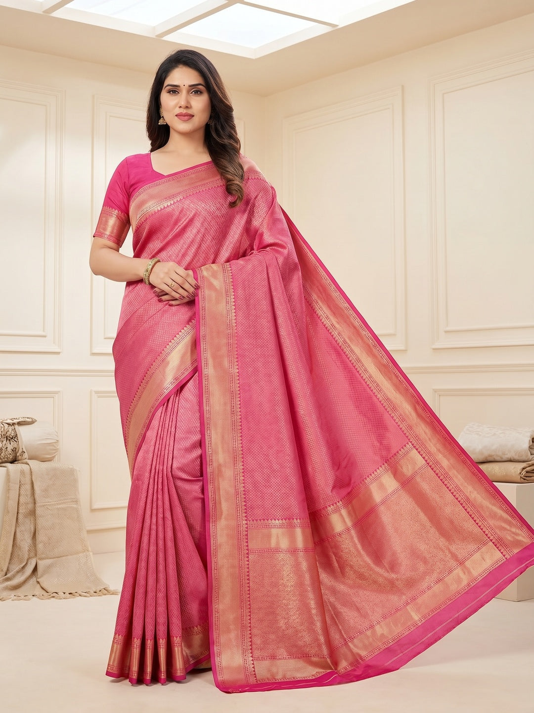 Peachmode Pink Soft Lichi Silk Saree with Zari Woven Border - Image 3