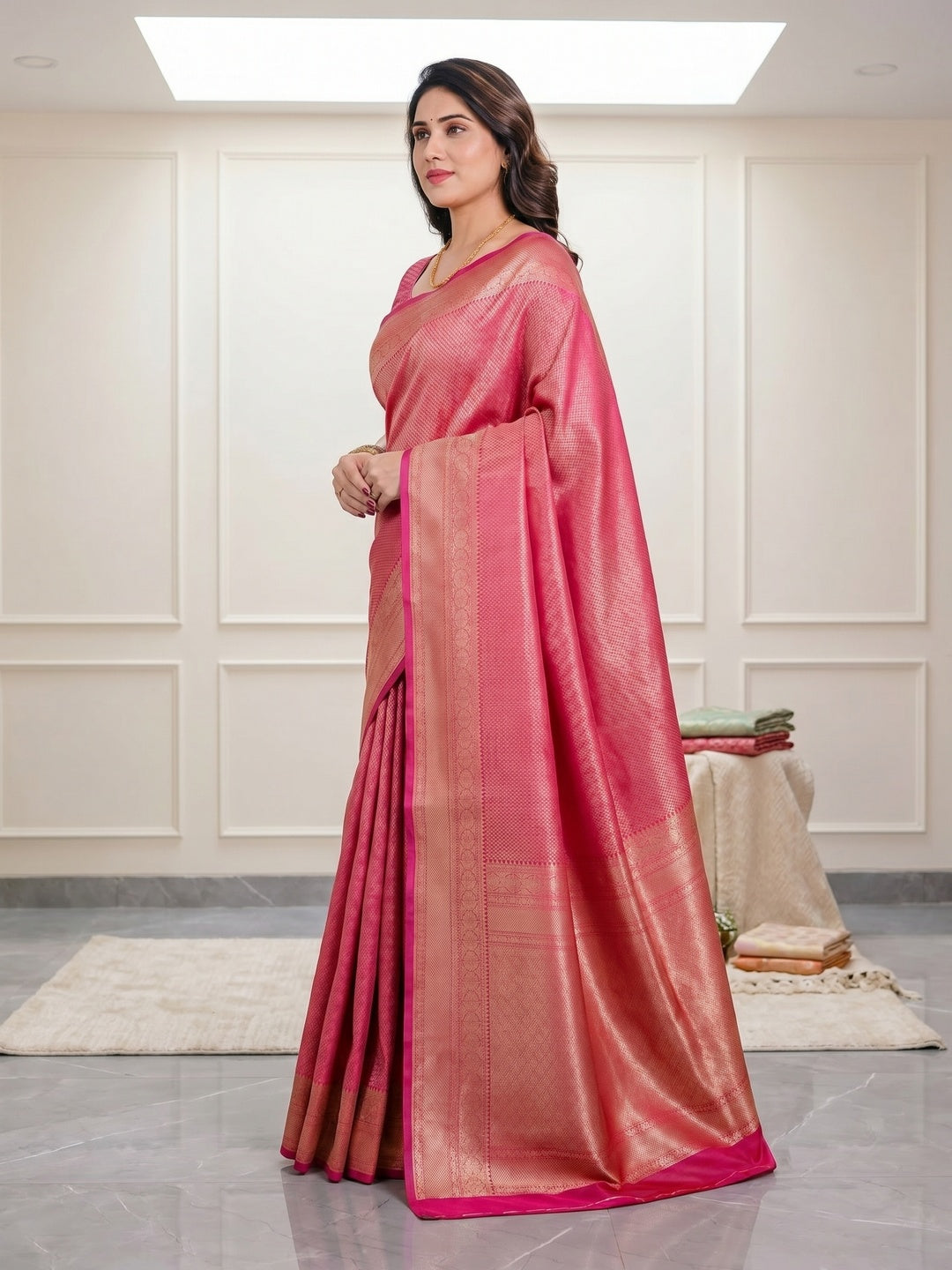 Peachmode Pink Soft Lichi Silk Saree with Zari Woven Border - Image 4