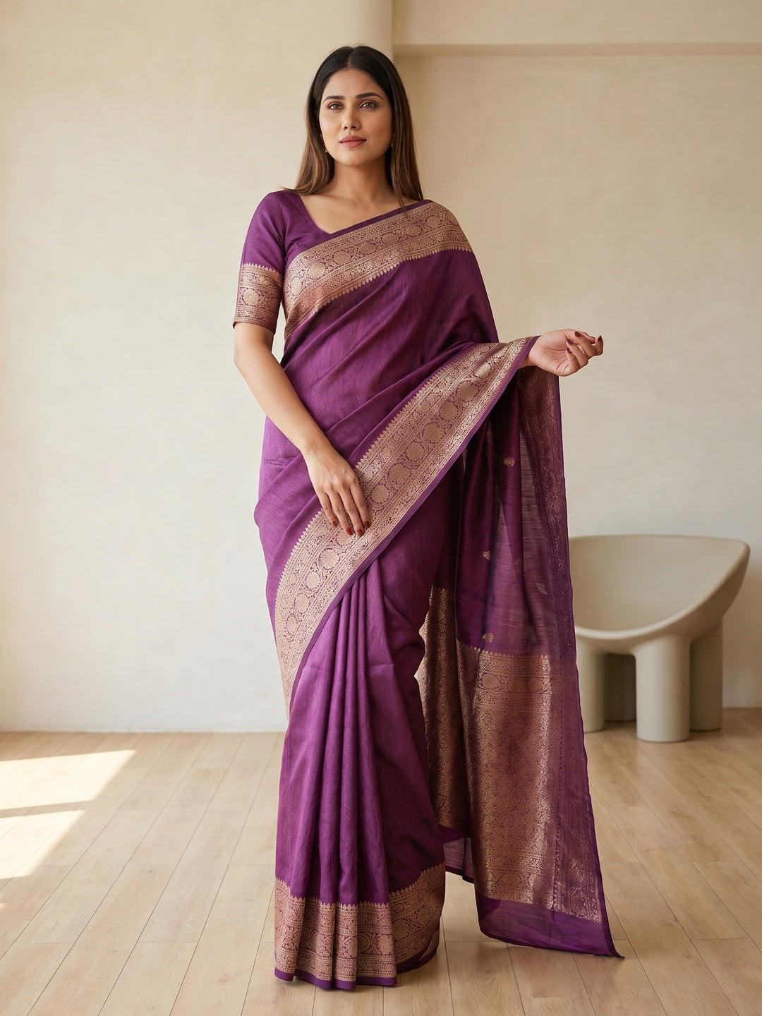 Peachmode Purple Soft Lichi Silk Saree with Zari Woven Border - Image 1