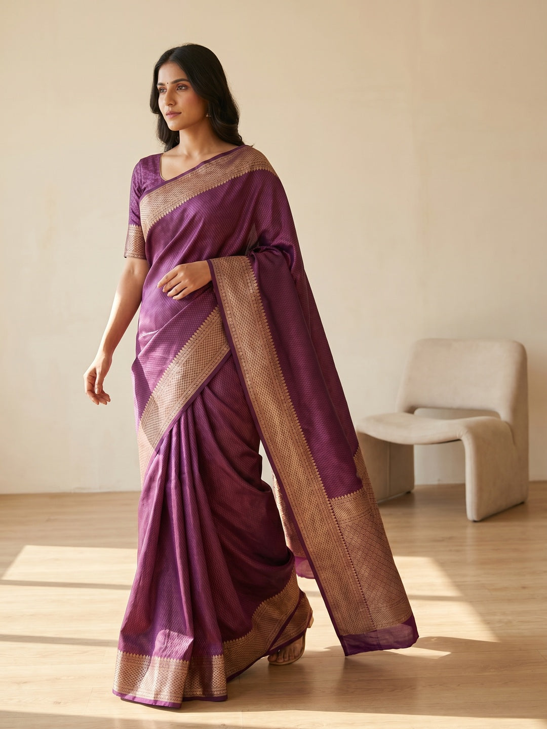 Peachmode Purple Soft Lichi Silk Saree with Zari Woven Border - Image 2