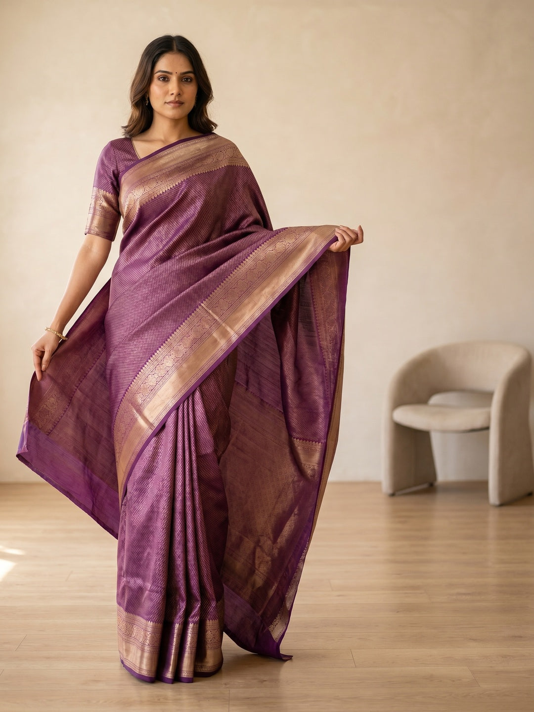 Peachmode Purple Soft Lichi Silk Saree with Zari Woven Border - Image 3