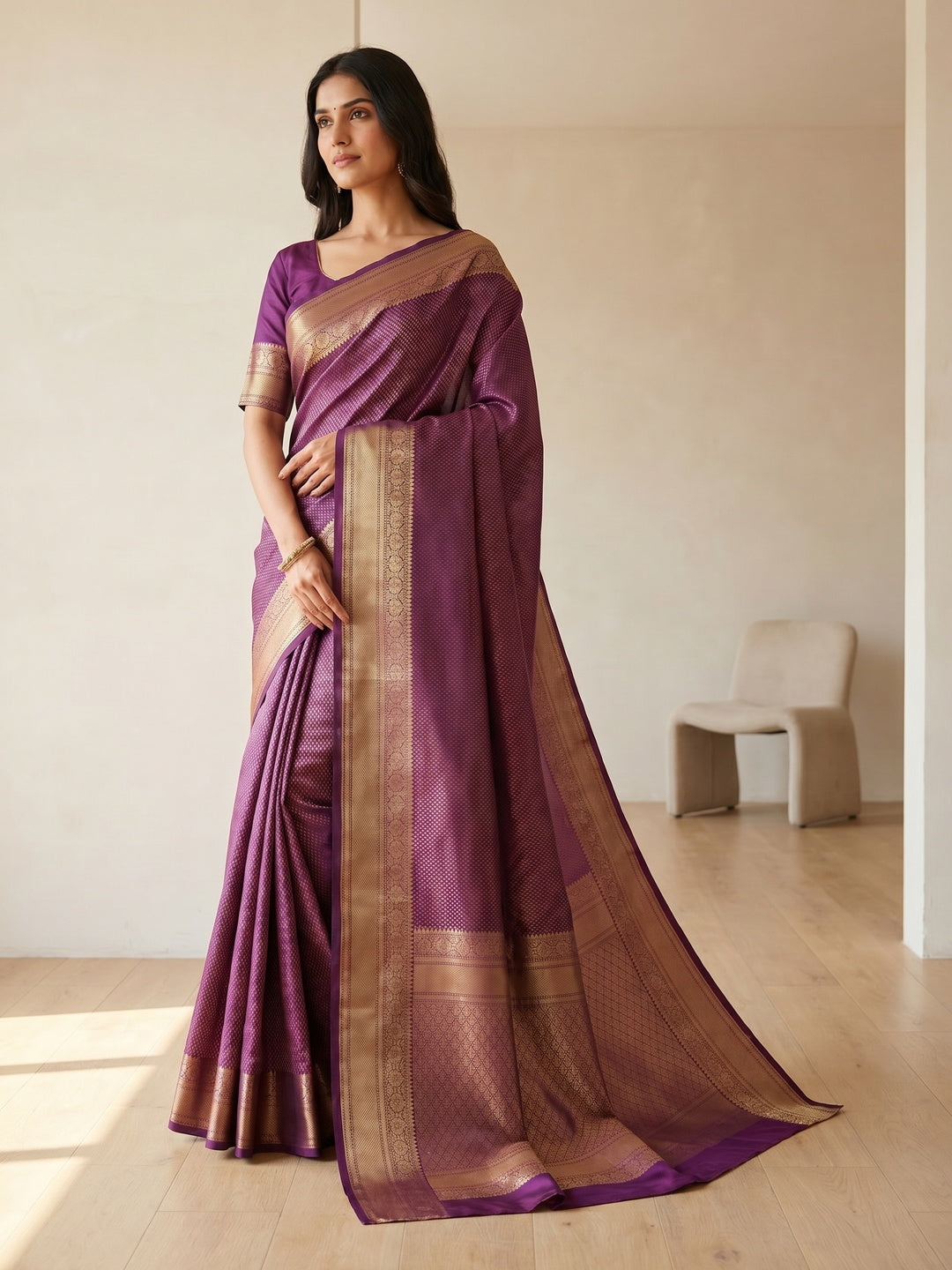 Peachmode Purple Soft Lichi Silk Saree with Zari Woven Border - Image 4