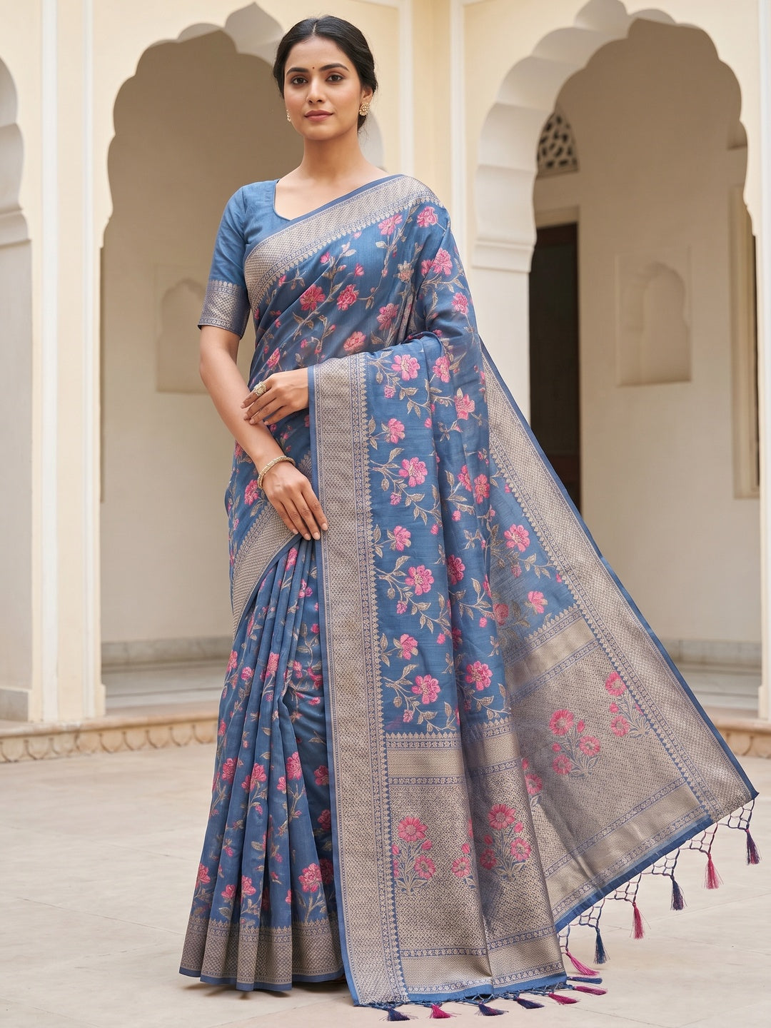 Peachmode Blue Cotton Silk Floral Print Saree with Zari Border - Image 1