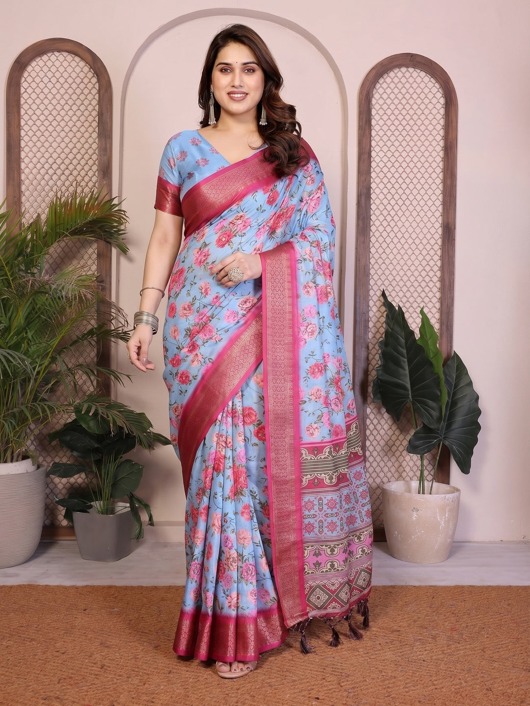 Peachmode Blue Cotton Silk Floral Print Saree with Zari Border - Image 2