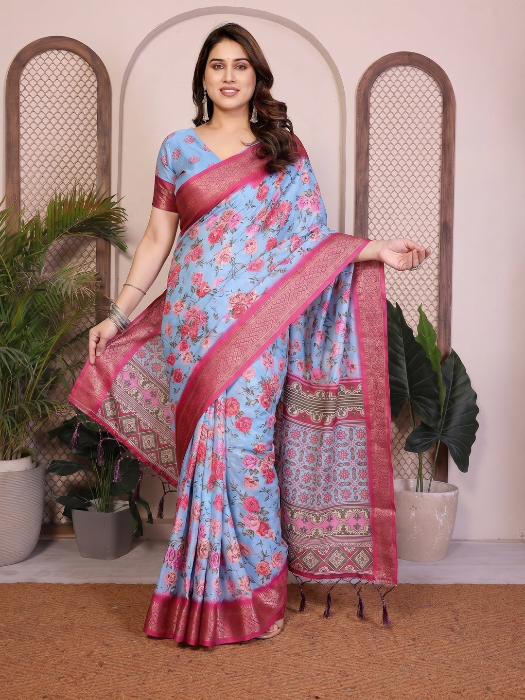 Peachmode Blue Cotton Silk Floral Print Saree with Zari Border - Image 3