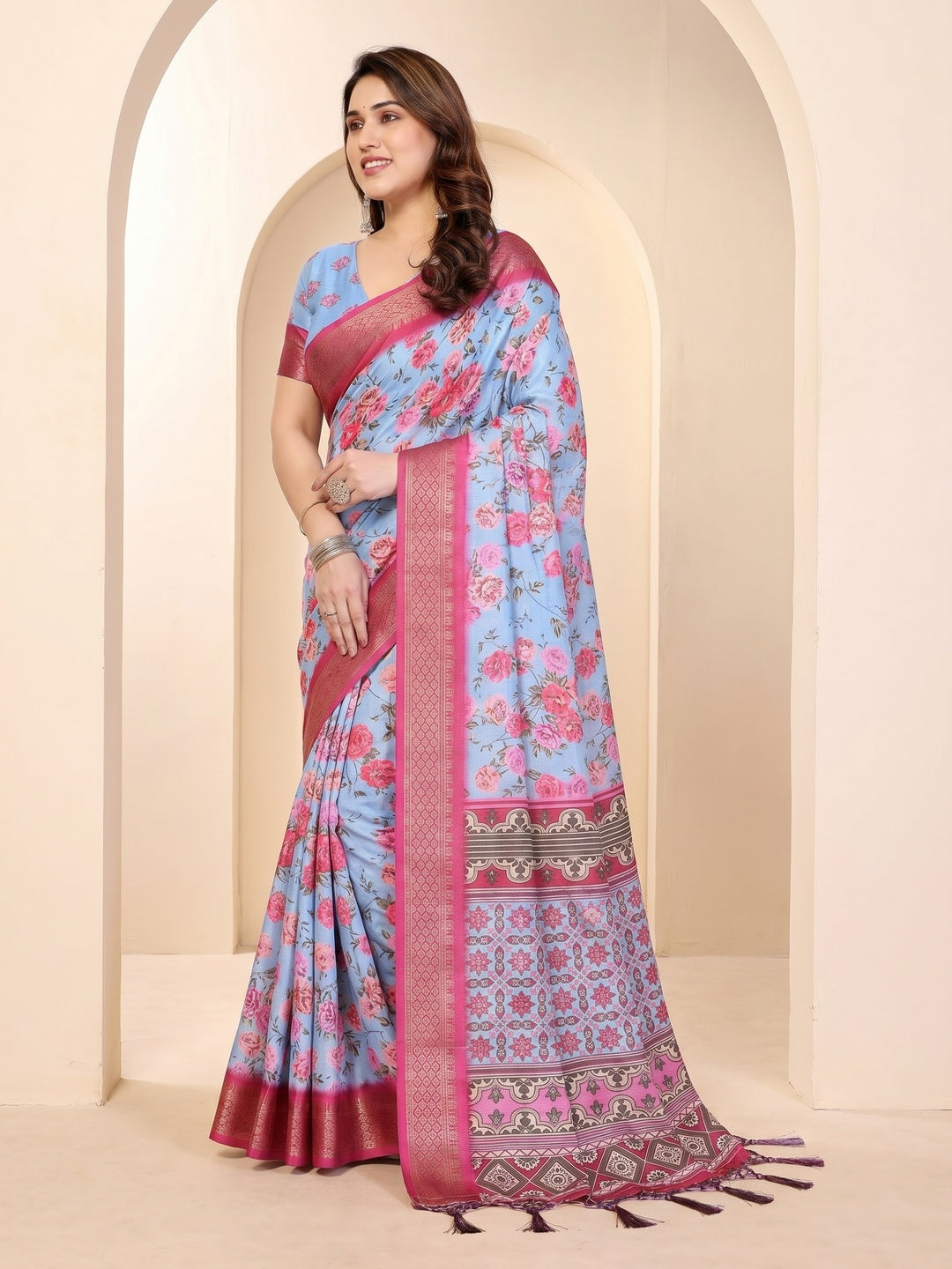 Peachmode Blue Cotton Silk Floral Print Saree with Zari Border - Image 4