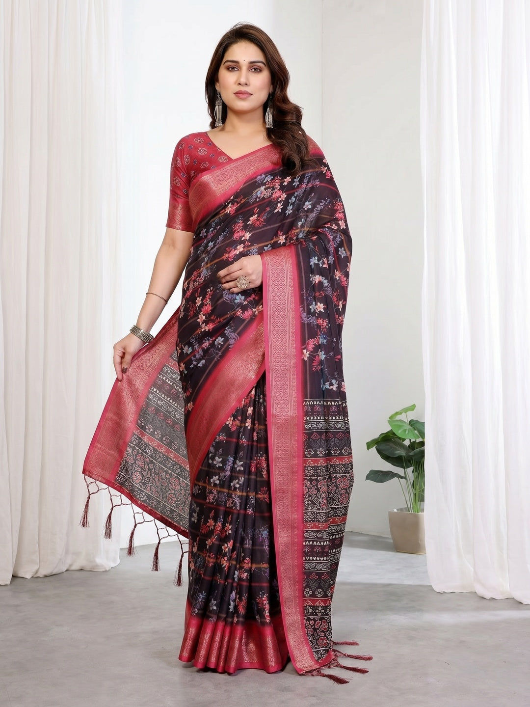 Peachmode Black Cotton Silk Floral Print Saree with Zari Border - Image 1