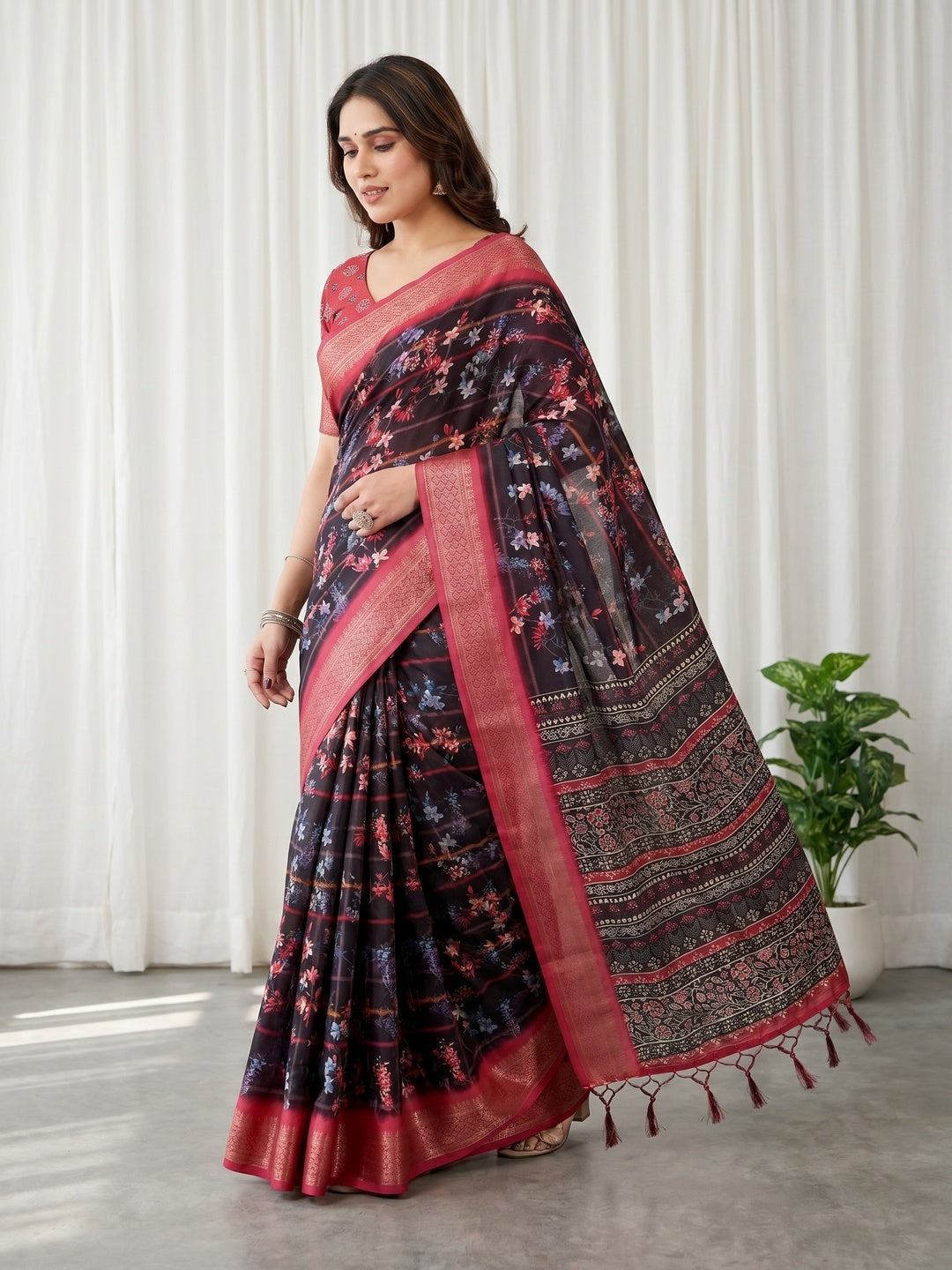 Peachmode Black Cotton Silk Floral Print Saree with Zari Border - Image 2