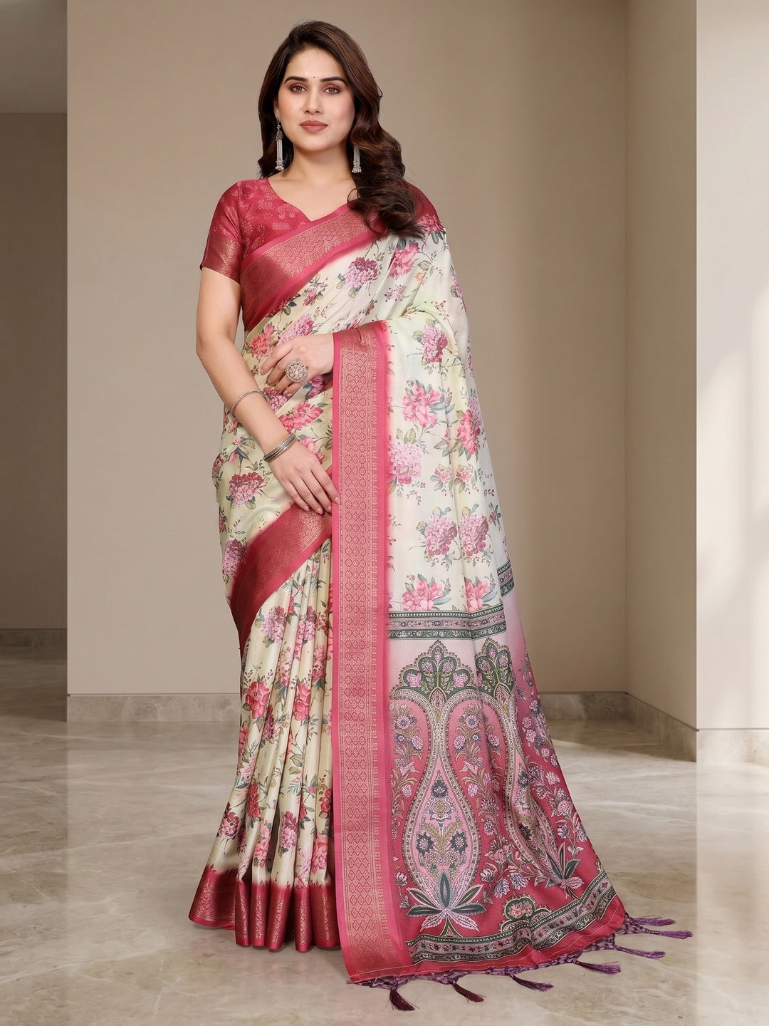 Peachmode Yellow Cotton Silk Floral Print Saree with Zari Border - Image 1