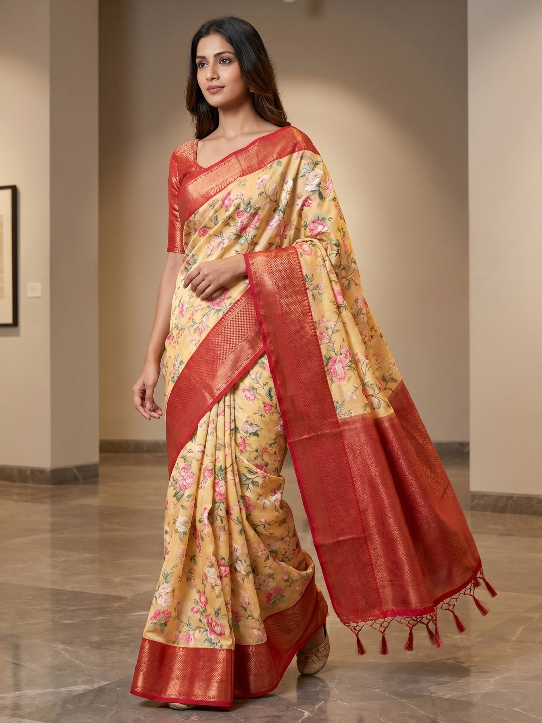 Peachmode Yellow Cotton Silk Floral Print Saree with Zari Border - Image 2