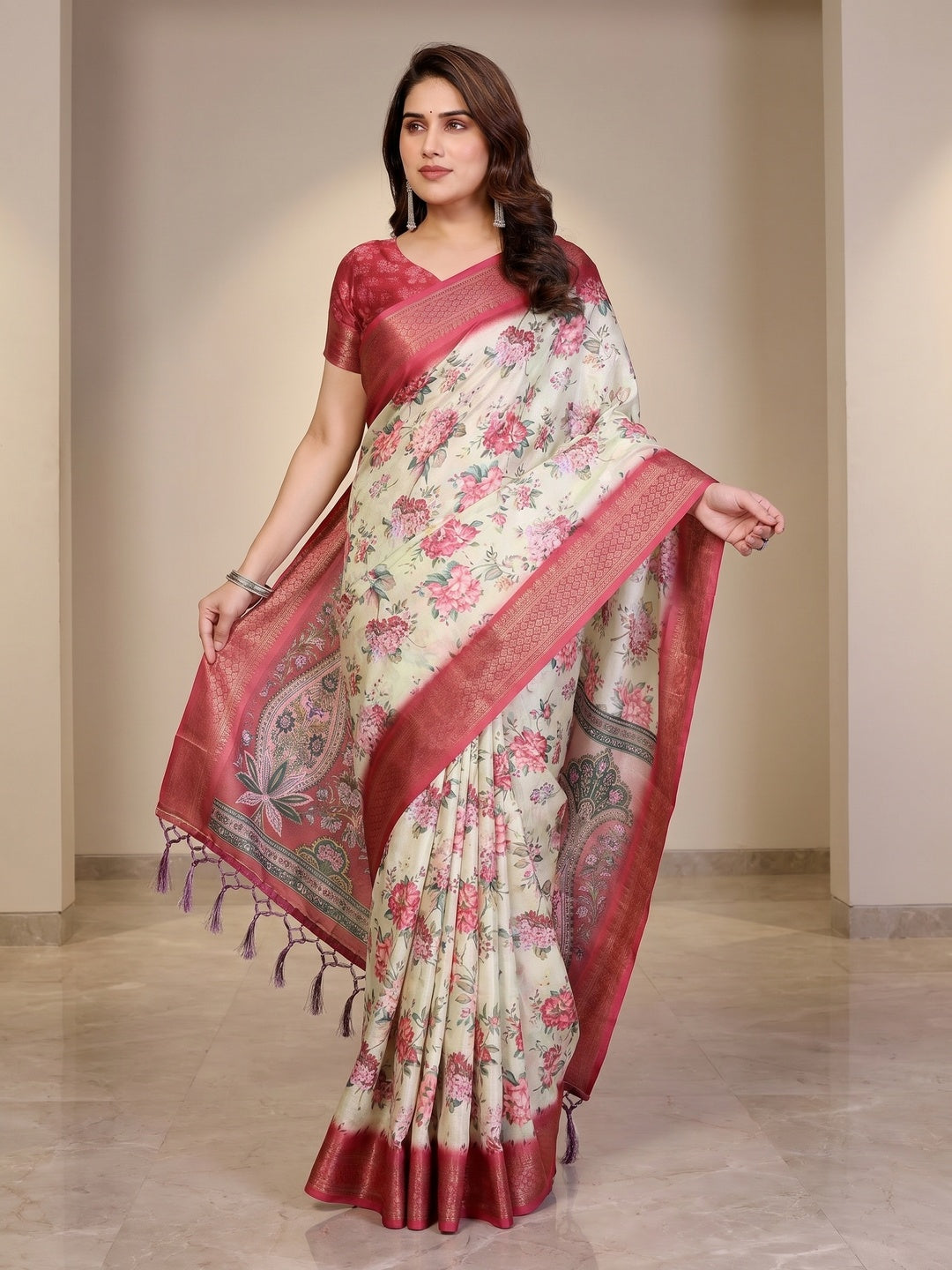 Peachmode Yellow Cotton Silk Floral Print Saree with Zari Border - Image 3