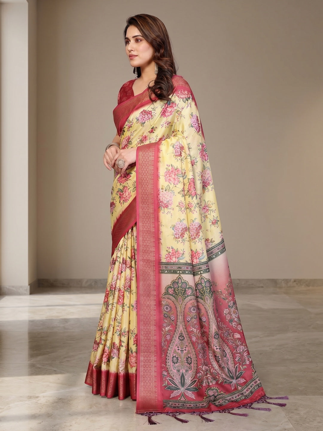 Peachmode Yellow Cotton Silk Floral Print Saree with Zari Border - Image 4