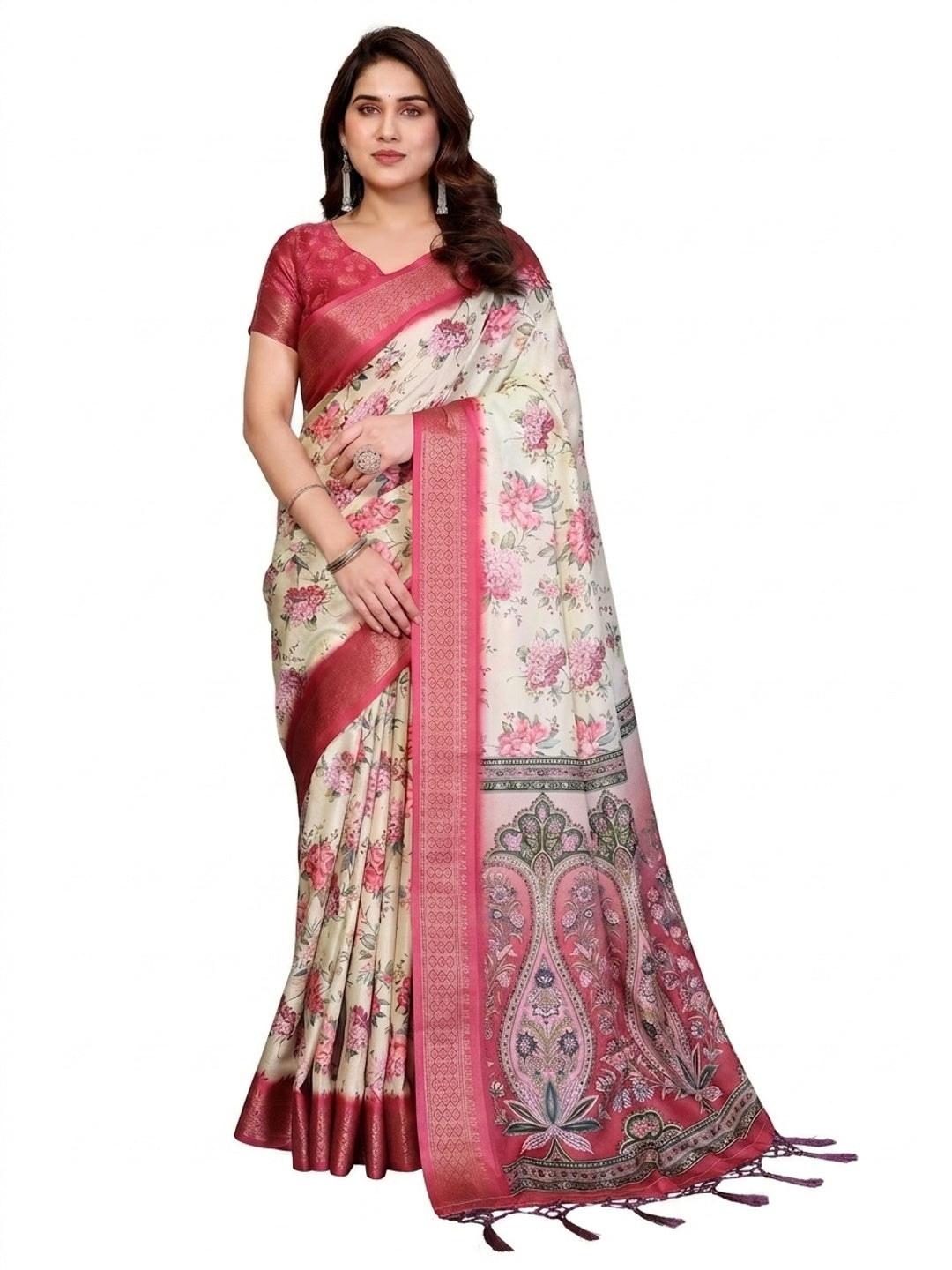 Peachmode Yellow Cotton Silk Floral Print Saree with Zari Border - Image 12