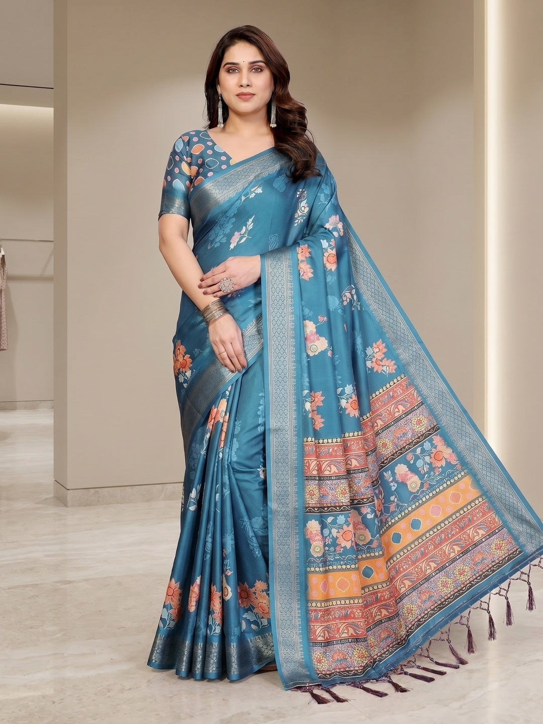 Peachmode Rama Blue Cotton Silk Floral Print Saree with Zari Border - Image 1