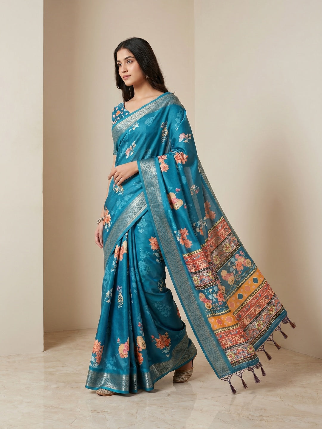 Peachmode Rama Blue Cotton Silk Floral Print Saree with Zari Border - Image 2