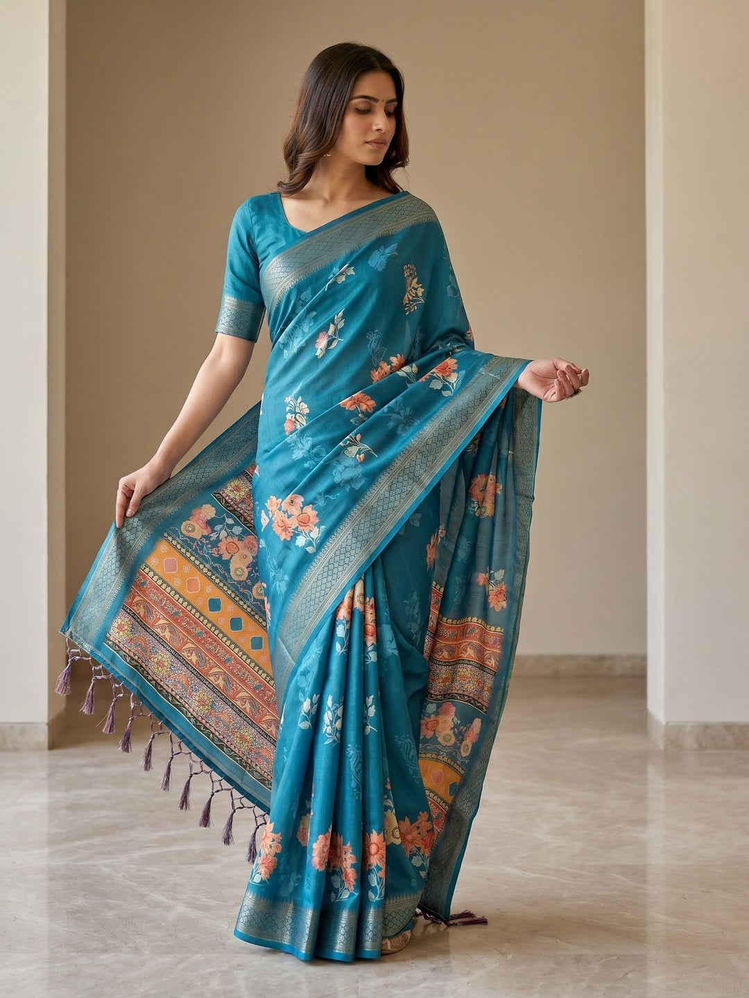 Peachmode Rama Blue Cotton Silk Floral Print Saree with Zari Border - Image 3