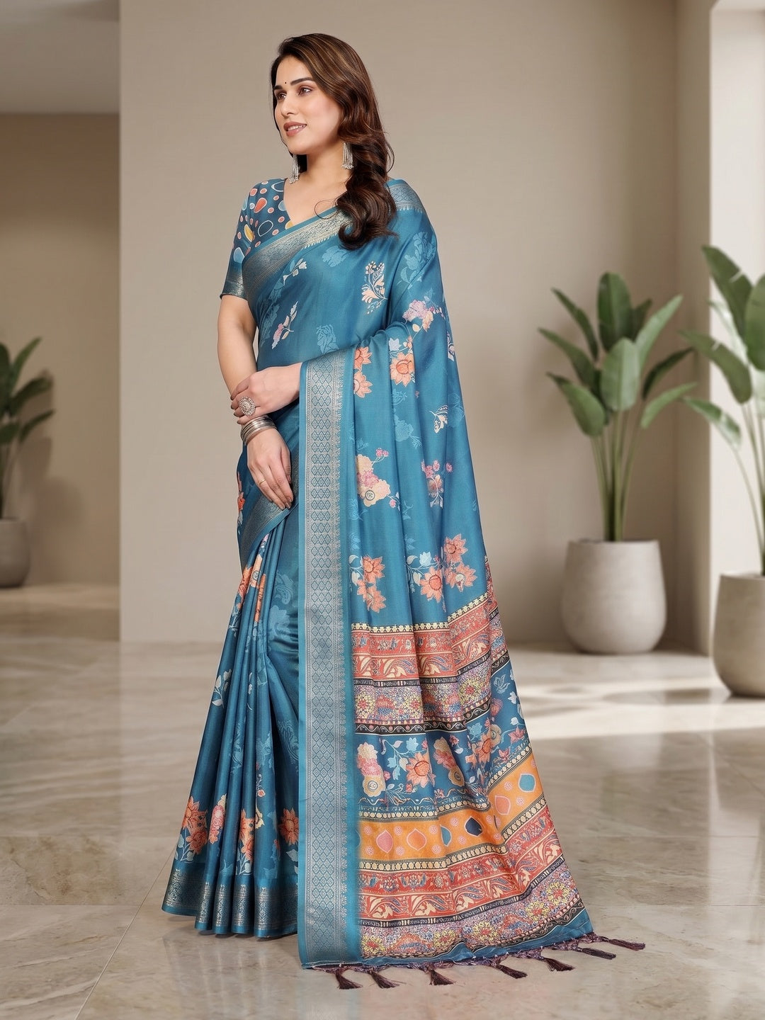 Peachmode Rama Blue Cotton Silk Floral Print Saree with Zari Border - Image 4