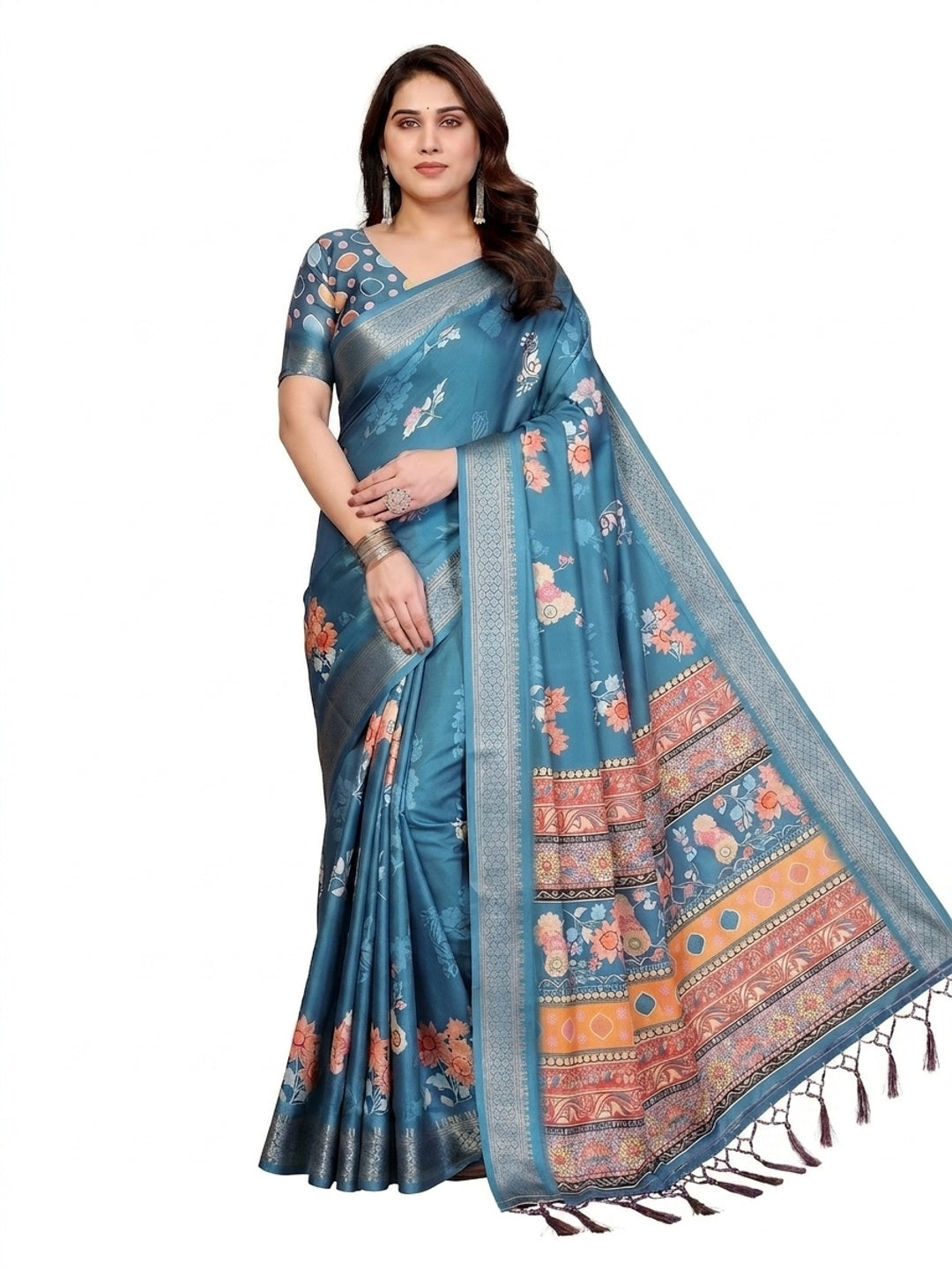 Peachmode Rama Blue Cotton Silk Floral Print Saree with Zari Border - Image 12