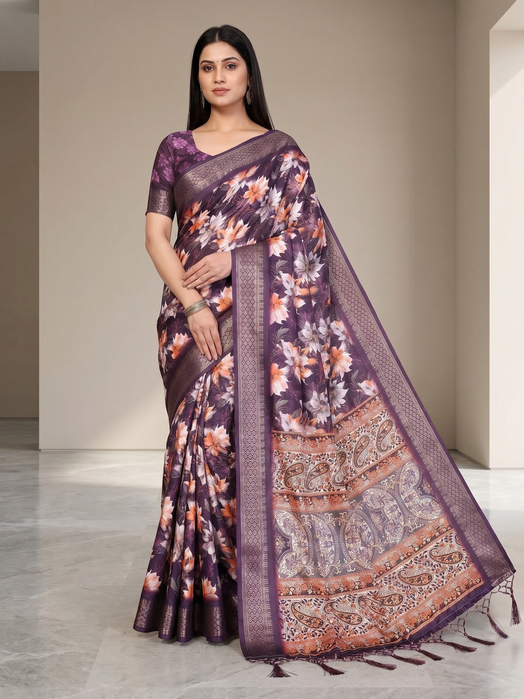 Peachmode Purple Cotton Silk Floral Print Saree with Zari Border - Image 1