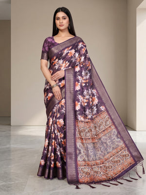 Peachmode Purple Cotton Silk Floral Print Saree with Zari Border - Image 1