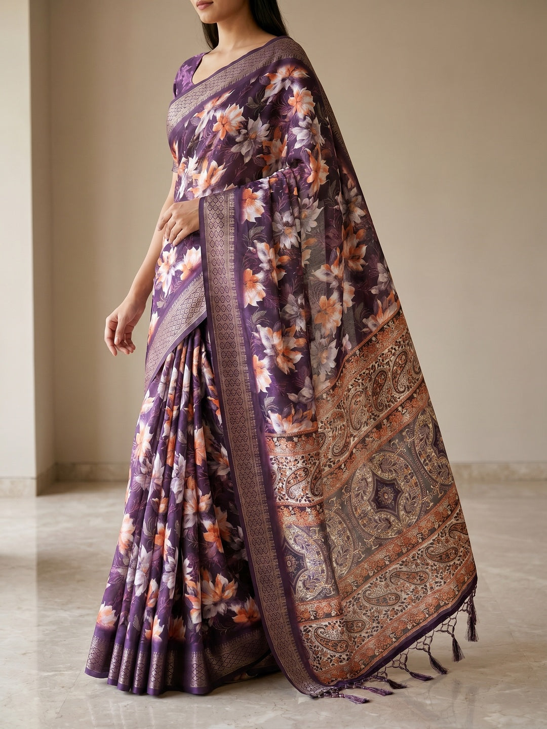 Peachmode Purple Cotton Silk Floral Print Saree with Zari Border - Image 2