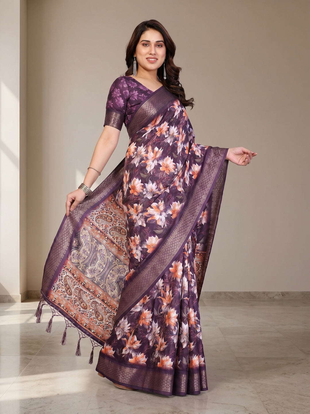 Peachmode Purple Cotton Silk Floral Print Saree with Zari Border - Image 3