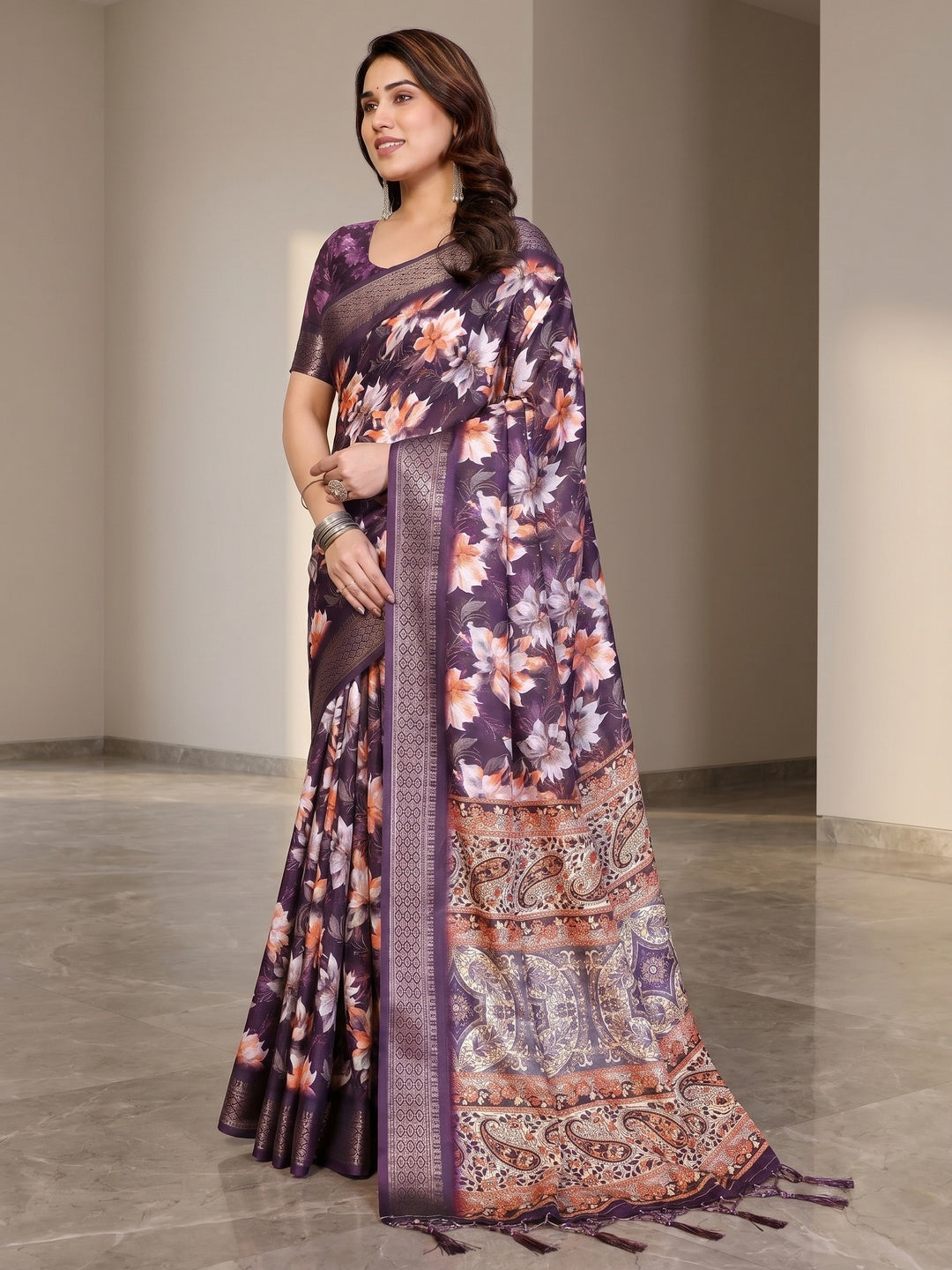 Peachmode Purple Cotton Silk Floral Print Saree with Zari Border - Image 4