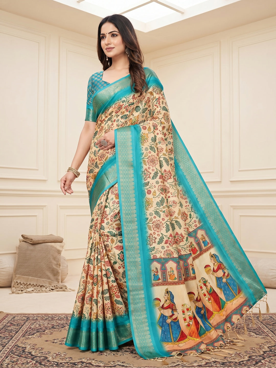 Peachmode Cream Cotton Silk Digital Print Saree with Jacquard Border - Image 2