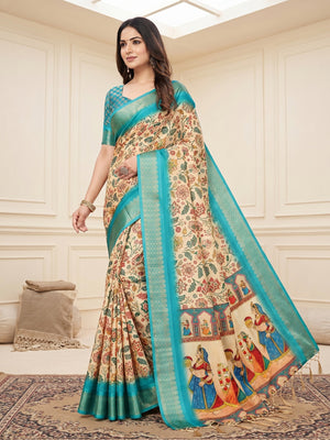 Peachmode Cream Cotton Silk Digital Print Saree with Jacquard Border - Image 2