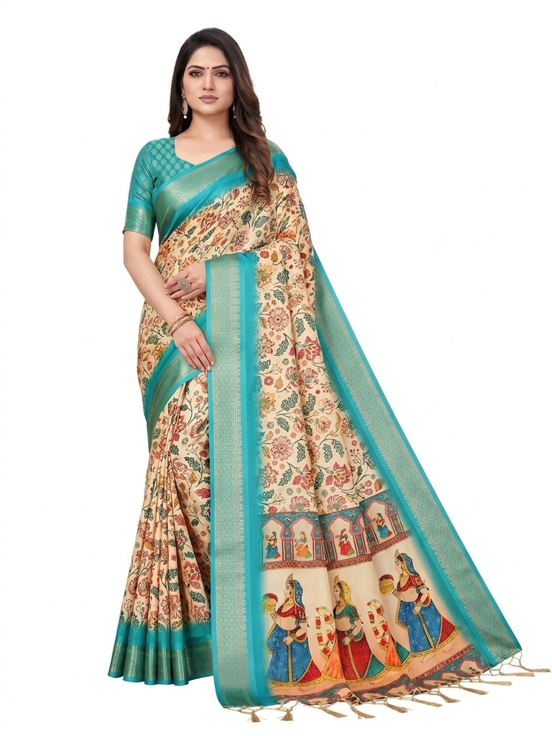 Peachmode Cream Cotton Silk Digital Print Saree with Jacquard Border - Image 12