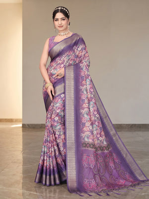 Peachmode Purple Cotton Silk Digital Print Saree with Jacquard Border - Image 1