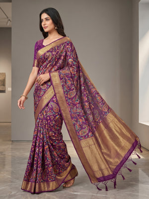 Peachmode Purple Cotton Silk Digital Print Saree with Jacquard Border - Image 2