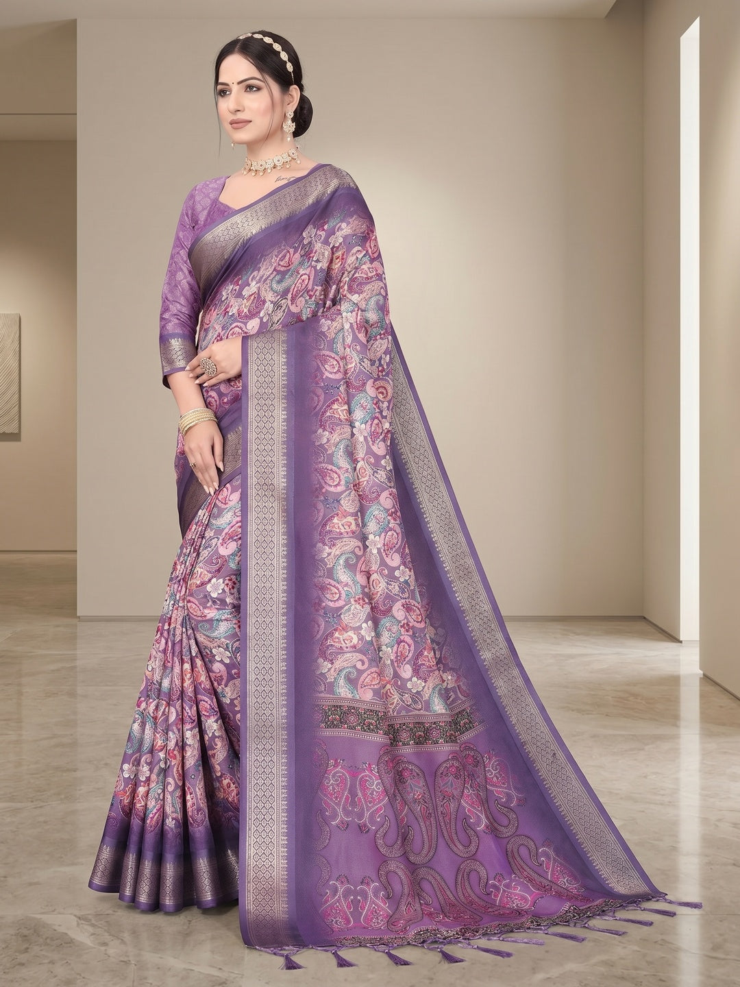 Peachmode Purple Cotton Silk Digital Print Saree with Jacquard Border - Image 4
