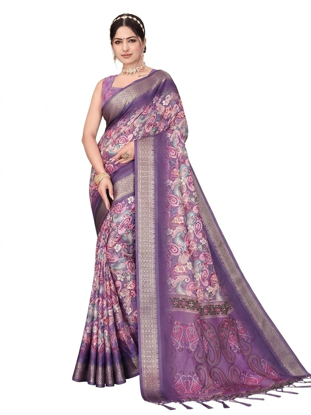 Peachmode Purple Cotton Silk Digital Print Saree with Jacquard Border - Image 12