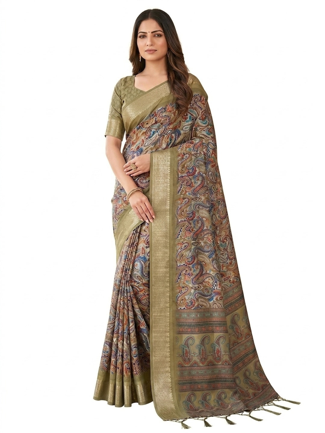Peachmode Olive Cotton Silk Digital Print Saree with Jacquard Border - Image 12