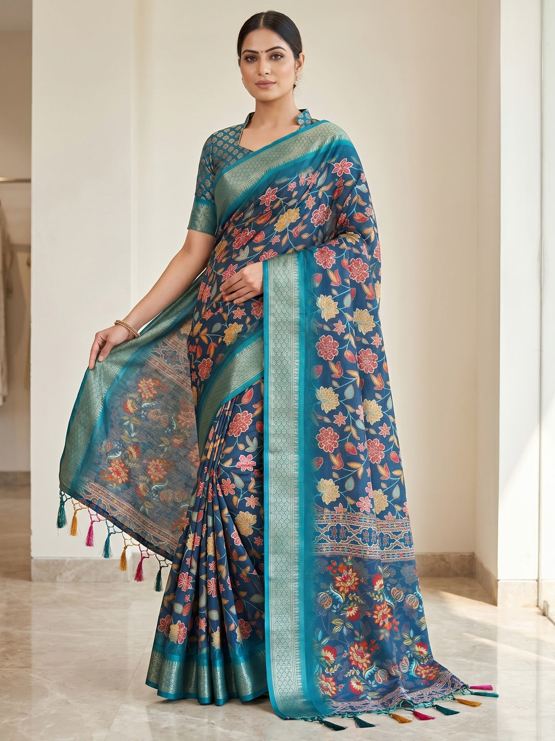 Peachmode Blue Cotton Silk Digital Print Saree with Jacquard Border - Image 1