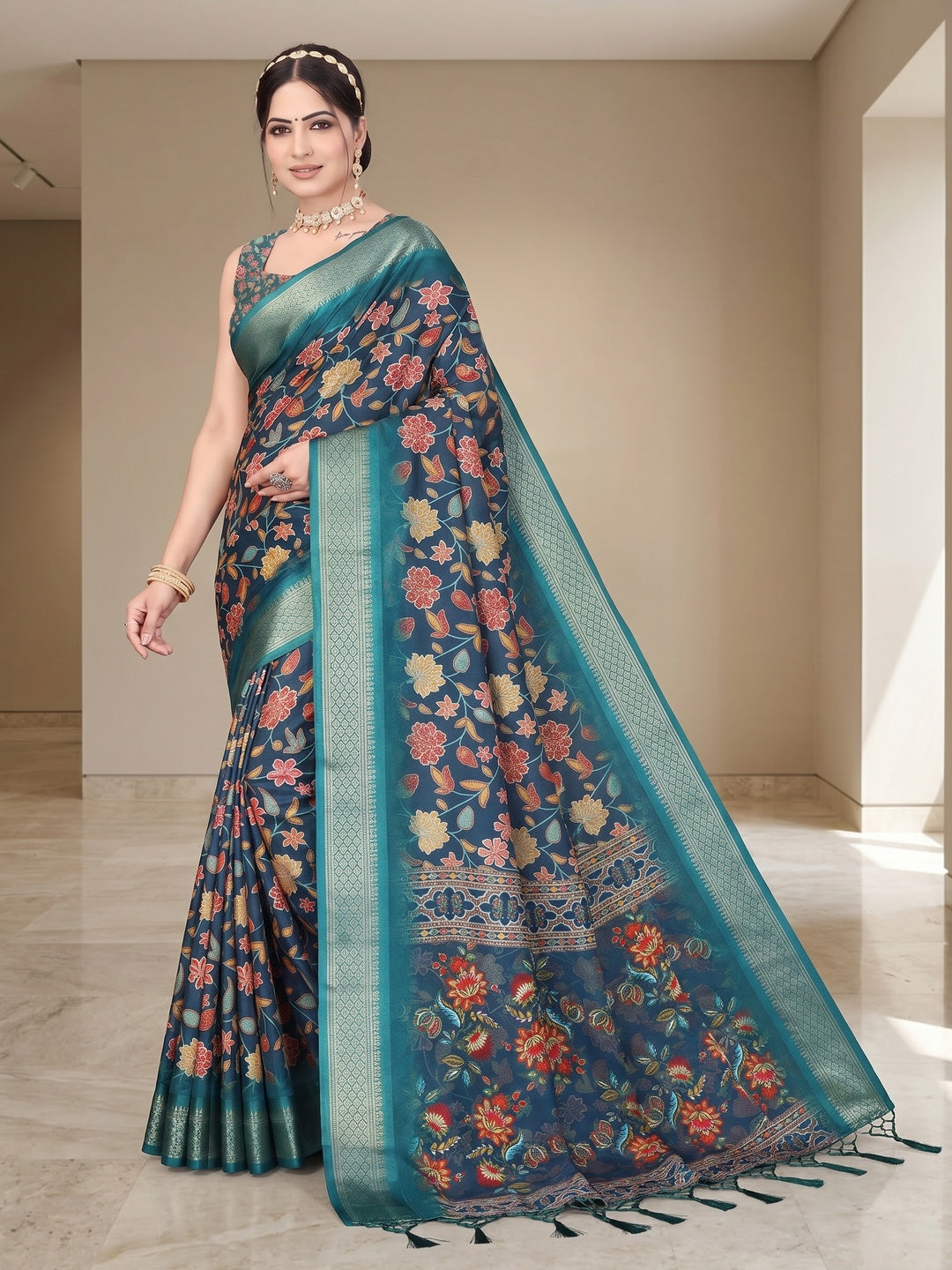 Peachmode Blue Cotton Silk Digital Print Saree with Jacquard Border - Image 2