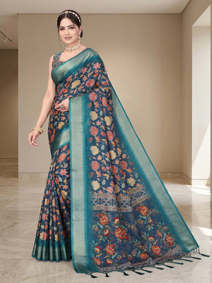 Peachmode Blue Cotton Silk Digital Print Saree with Jacquard Border - Image 2