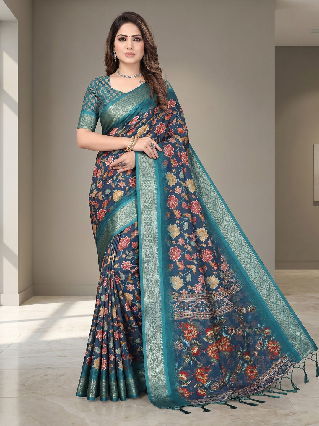 Peachmode Blue Cotton Silk Digital Print Saree with Jacquard Border - Image 3