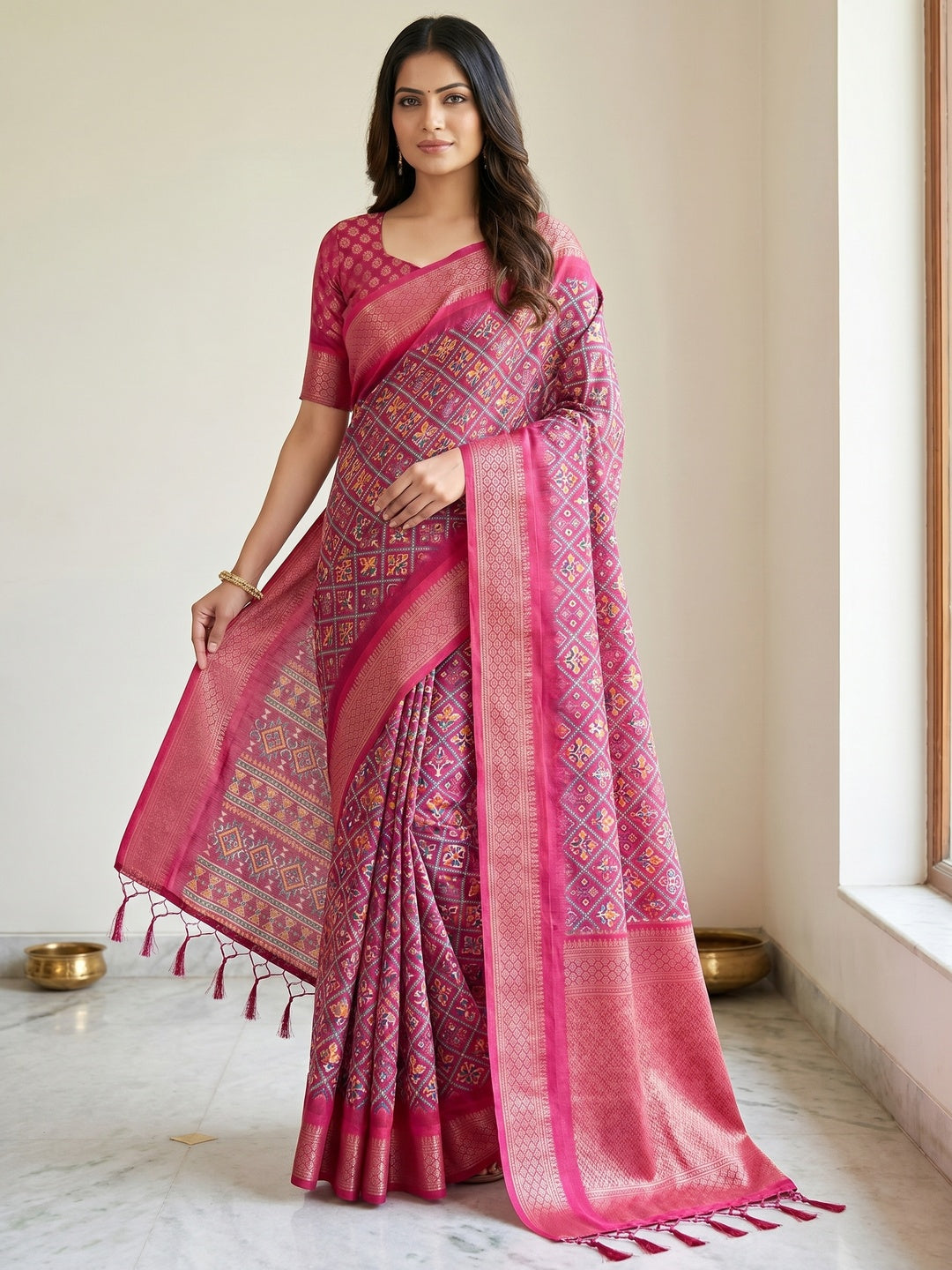 Peachmode Magenta Cotton Silk Digital Print Saree with Jacquard Border - Image 1
