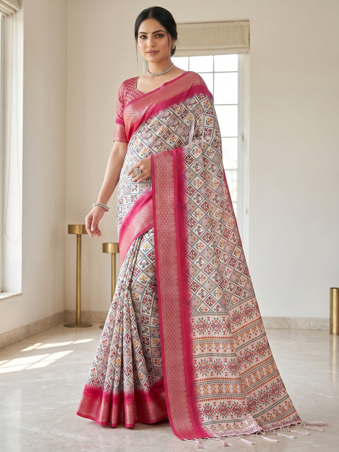 Peachmode Magenta Cotton Silk Digital Print Saree with Jacquard Border - Image 2