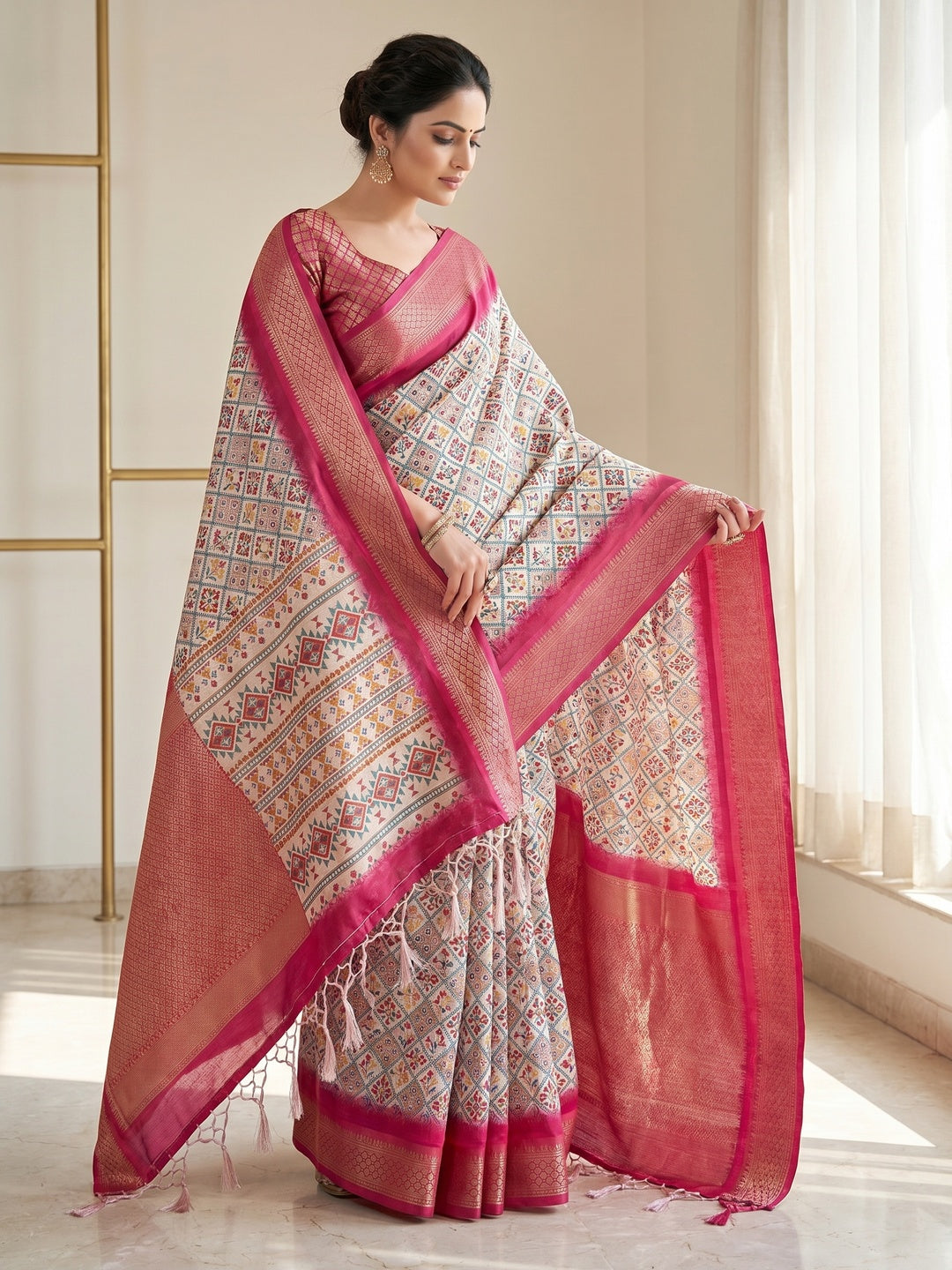 Peachmode Magenta Cotton Silk Digital Print Saree with Jacquard Border - Image 3