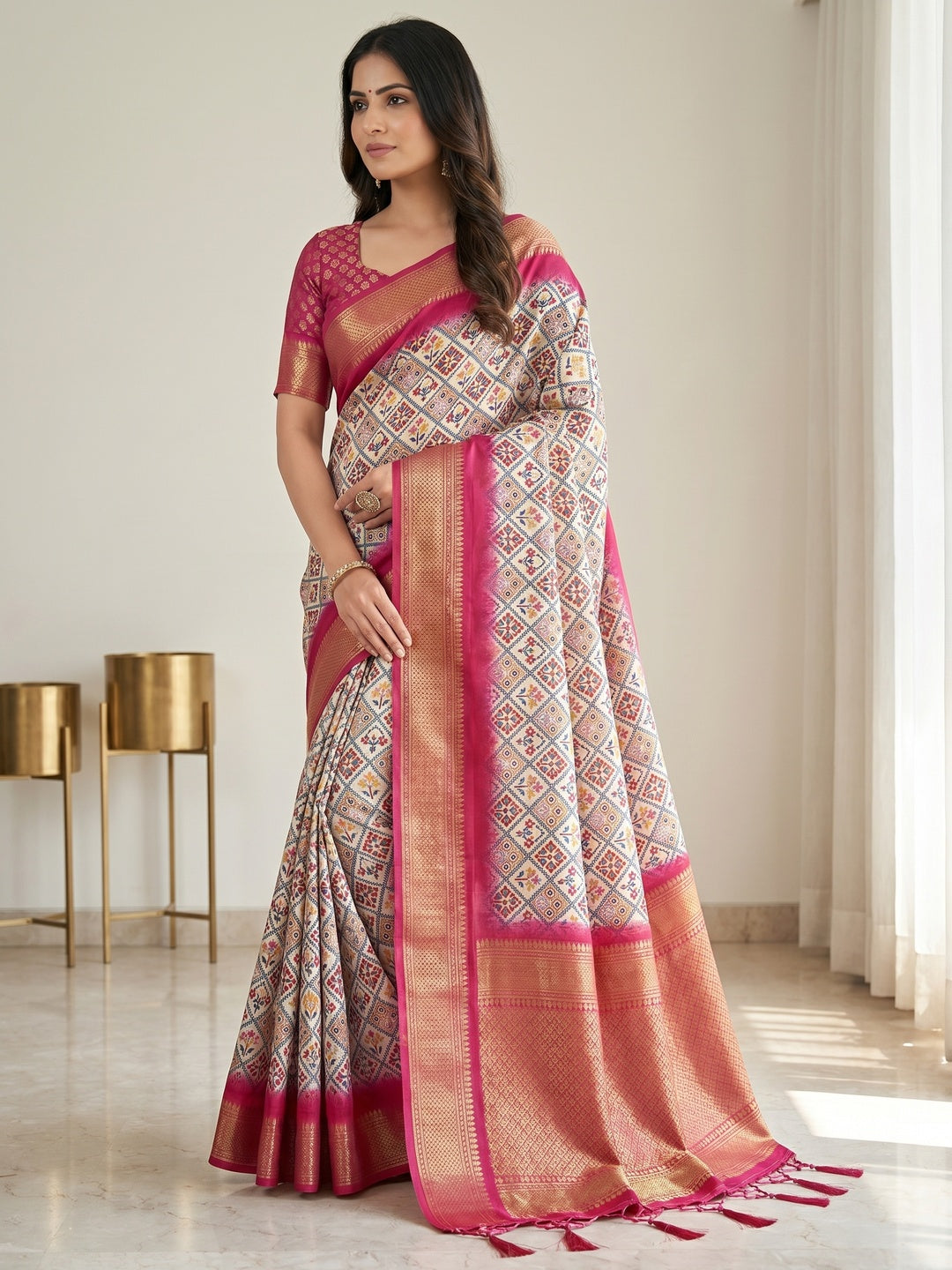 Peachmode Magenta Cotton Silk Digital Print Saree with Jacquard Border - Image 4