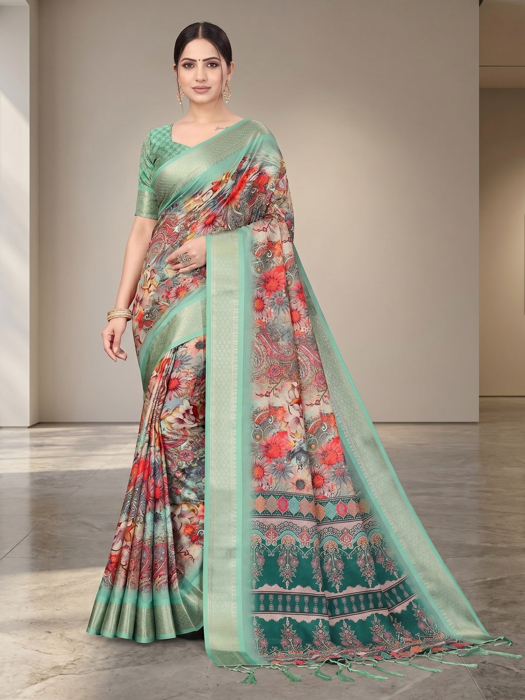 Peachmode Sea Green Cotton Silk Digital Print Saree with Jacquard Border - Image 1