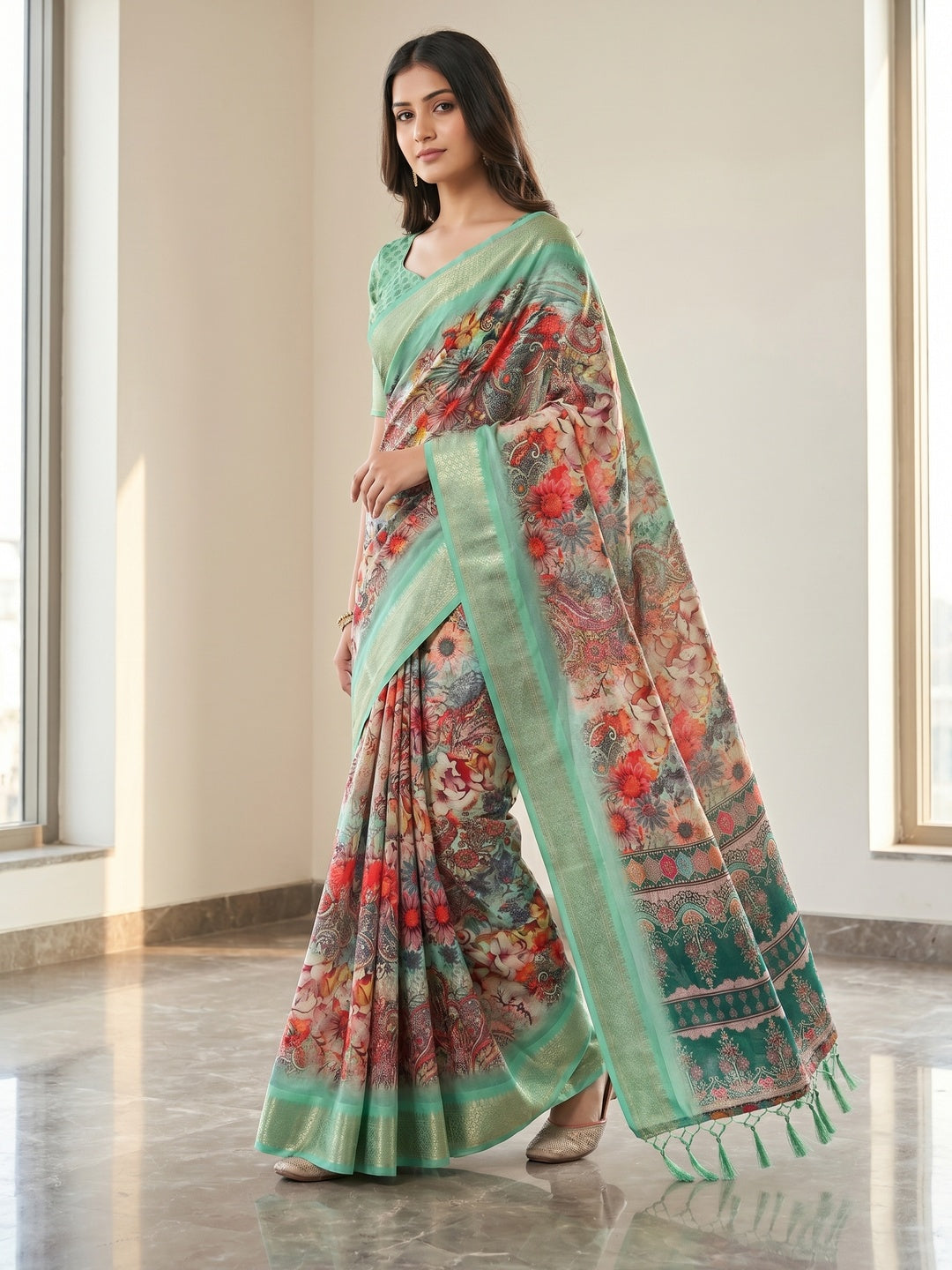 Peachmode Sea Green Cotton Silk Digital Print Saree with Jacquard Border - Image 2