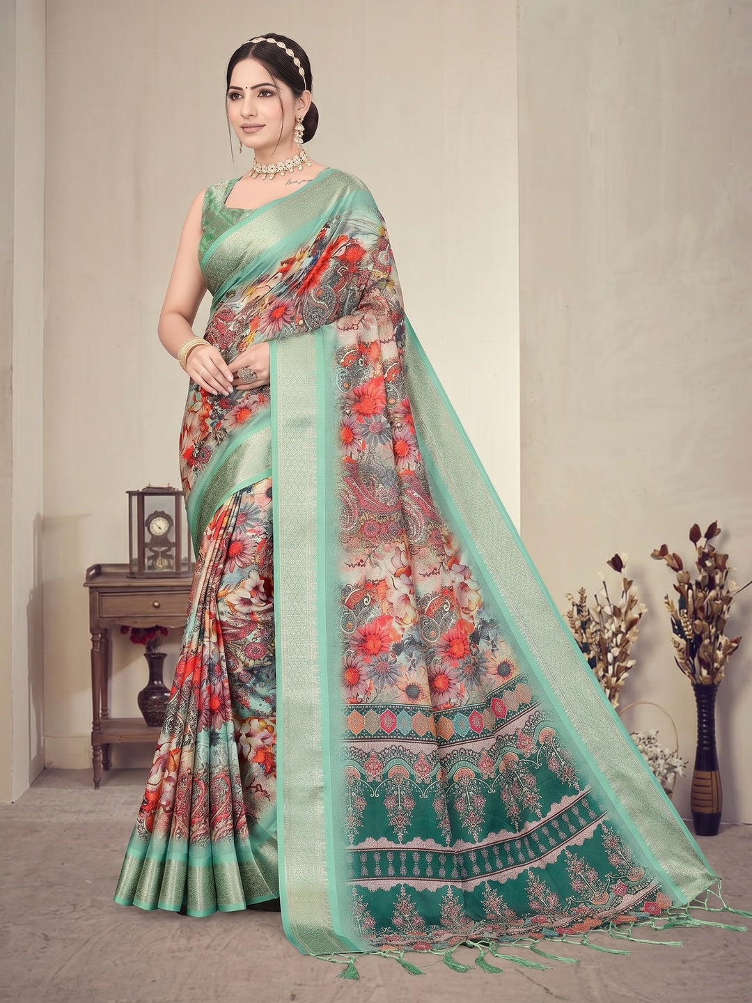 Peachmode Sea Green Cotton Silk Digital Print Saree with Jacquard Border - Image 3