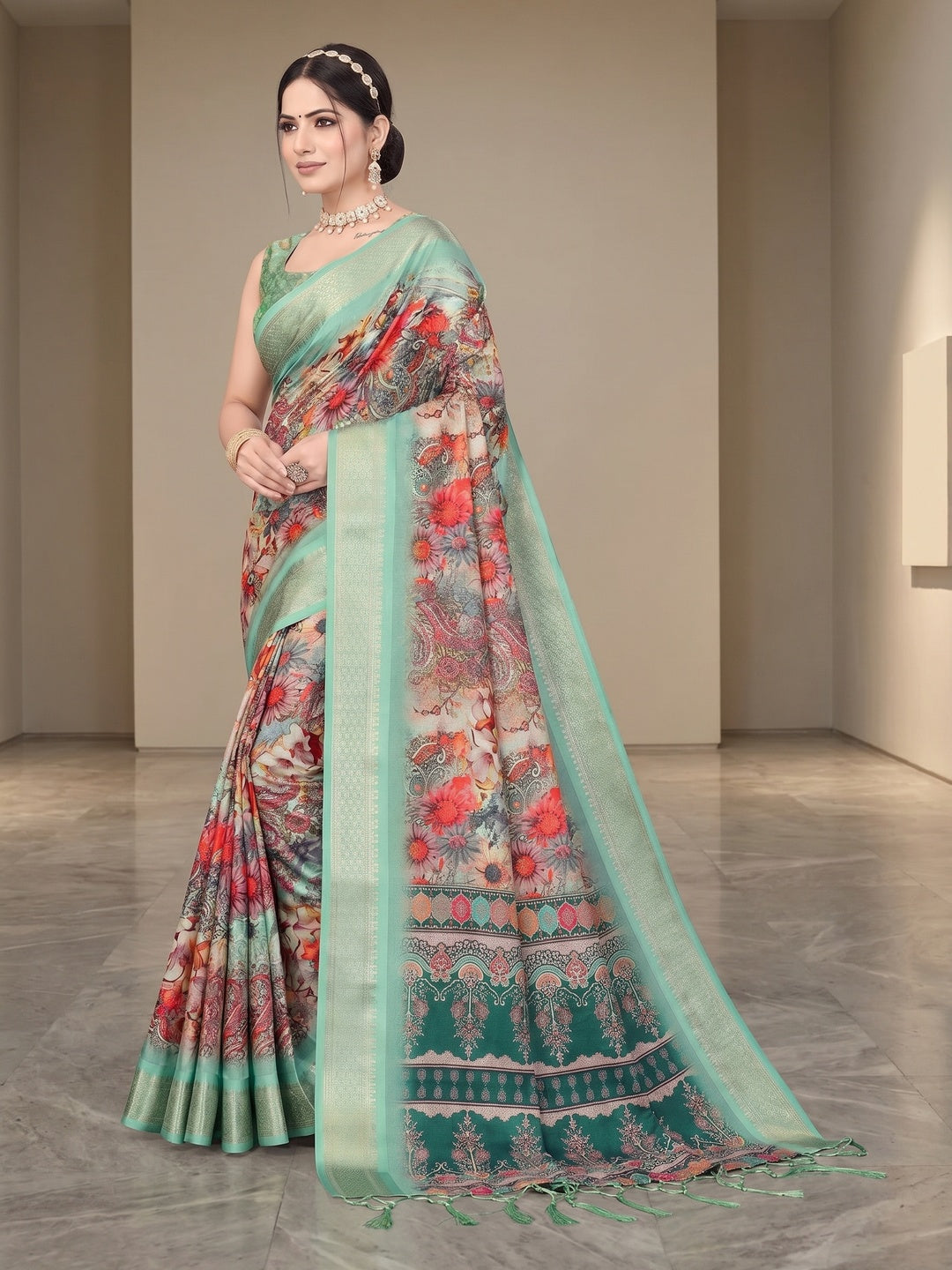 Peachmode Sea Green Cotton Silk Digital Print Saree with Jacquard Border - Image 4
