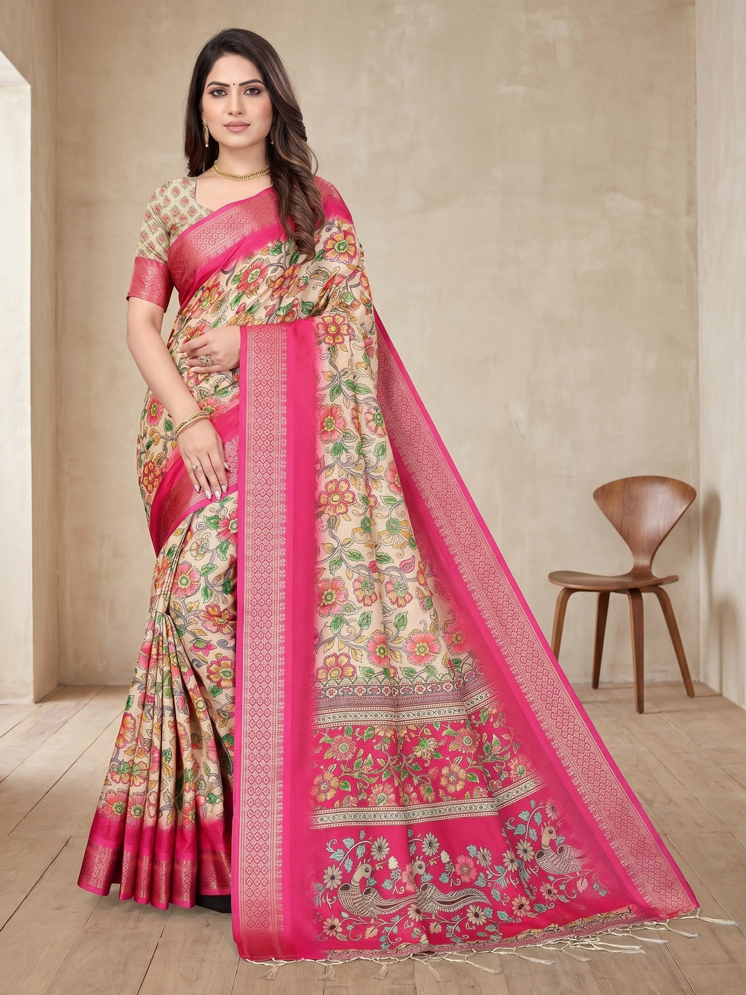 Peachmode Pink Cotton Silk Digital Print Saree with Jacquard Border - Image 1