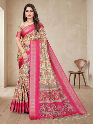 Peachmode Pink Cotton Silk Digital Print Saree with Jacquard Border - Image 1