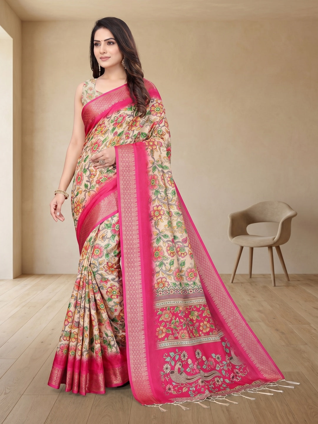 Peachmode Pink Cotton Silk Digital Print Saree with Jacquard Border - Image 2